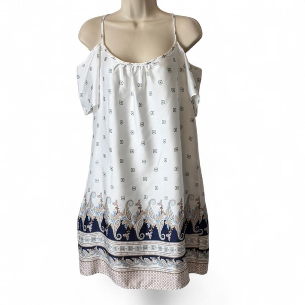 Renee C. White & Navy Cold Shoulder Paisley Mini Dress, Women's Size L